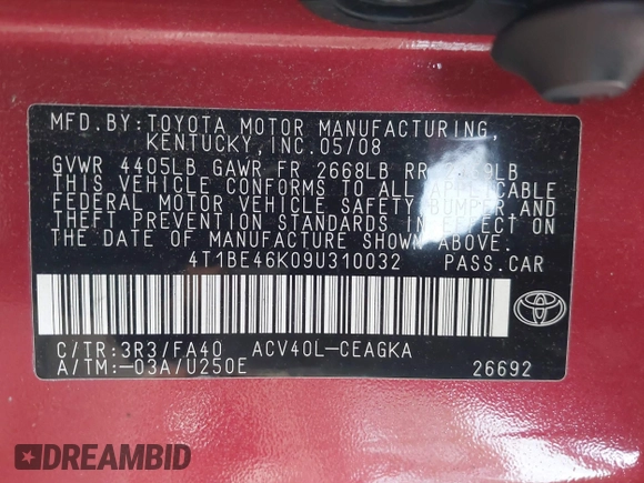 2009 Toyota Camry with VIN 4T1BE46K09U310032, listed as a IAAI auction lot 41653661 with 195,383 mi miles. Bid and sale history available at carsss.com. Image 9.