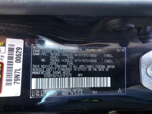 2018 Toyota Sequoia Platinum with VIN 5TDDY5G14JS161570, listed as a Copart auction lot 46323815 with 131,869 mi miles and Salvage Title. Bid and sale history available at carsss.com. Image 13.
