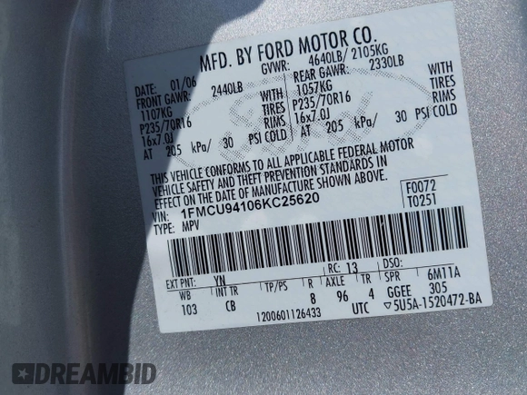 2006 Ford Escape Limited with VIN 1FMCU94106KC25620, listed as a IAAI auction lot 42739804 with 104,142 mi miles and . Bid and sale history available at DreamBid. Image 9.