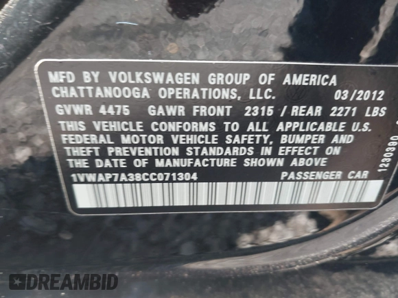 2012 Volkswagen Passat S with VIN 1VWAP7A38CC071304, listed as a IAAI auction lot 42636605 with 240,460 mi miles and . Bid and sale history available at DreamBid. Image 9.