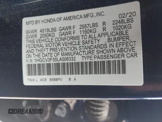 2020 Honda Accord EX-L with VIN 1HGCV3F55LA006332, listed as a IAAI auction lot 42174251 with 69,351 mi miles and . Bid and sale history available at DreamBid. Image 9.