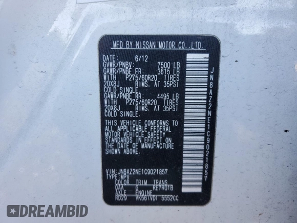 2012 Infiniti QX56 7-passenger with VIN JN8AZ2NE1C9021857, listed as a Copart auction lot 76967164 with 153,958 mi miles and Salvage Title. Bid and sale history available at carsss.com. Image 13.