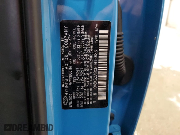 2022 Hyundai Kona SEL with VIN KM8K62ABXNU916683, listed as a Copart auction lot 44970635 with 35,543 mi miles and Salvage Title. Bid and sale history available at DreamBid. Image 14.