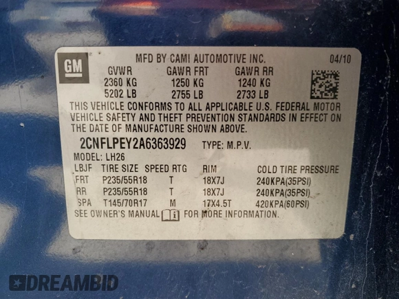 2010 Chevrolet Equinox LT w/2LT with VIN 2CNFLPEY2A6363929, listed as a Copart auction lot 47113265 with 212,517 mi miles and Salvage Title. Bid and sale history available at carsss.com. Image 12.