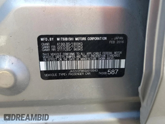 2016 Mitsubishi Lancer SE with VIN JA32V2FW5GU010543, listed as a Copart auction lot 66515233 with 96,822 mi miles. Bid and sale history available at carsss.com. Image 12.