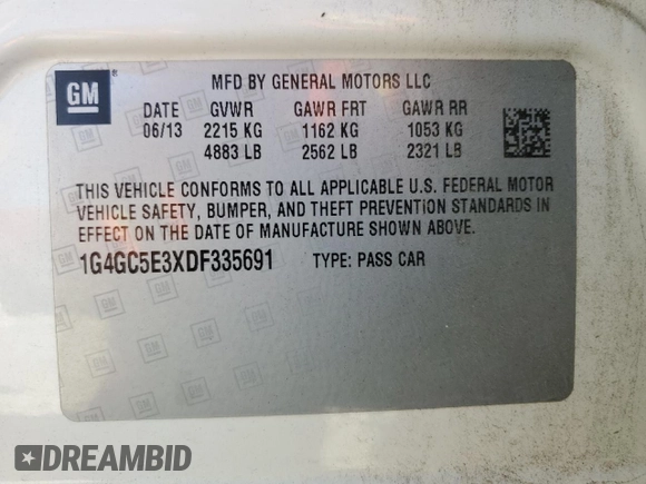 2013 Buick LaCrosse Leather with VIN 1G4GC5E3XDF335691, listed as a Copart auction lot 49724765 with 126,105 mi miles and Salvage Title. Bid and sale history available at carsss.com. Image 14.