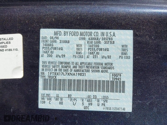 1999 Ford F-150 XL with VIN 1FTRX17L7XNA19831, listed as a IAAI auction lot 41126960 with Not Provided miles. Bid and sale history available at carsss.com. Image 9.