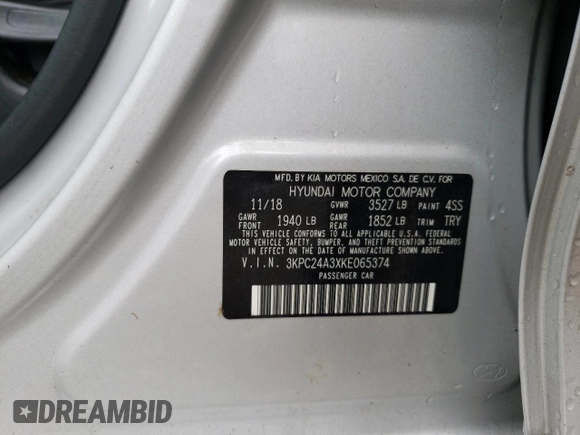 2019 Hyundai Accent SE with VIN 3KPC24A3XKE065374, listed as a Copart auction lot 59446053 with 50,555 mi miles. Bid and sale history available at carsss.com. Image 10.