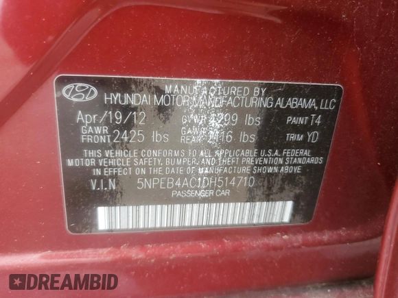 2013 Hyundai Sonata GLS z VIN 5NPEB4AC1DH514710, wystawiony jako Copart lot #61200105 z przebiegiem 70 174 mil mil oraz Szkoda całkowita • Salvage title. Historia ofert i sprzedaży dostępna na DreamBid. Obrazek 12.
