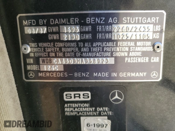 1987 Mercedes-Benz 560 with VIN WDBCA45D3HA358923, listed as a Copart auction lot 52143895 with 127,974 mi miles and Clean Title. Bid and sale history available at DreamBid. Image 12.