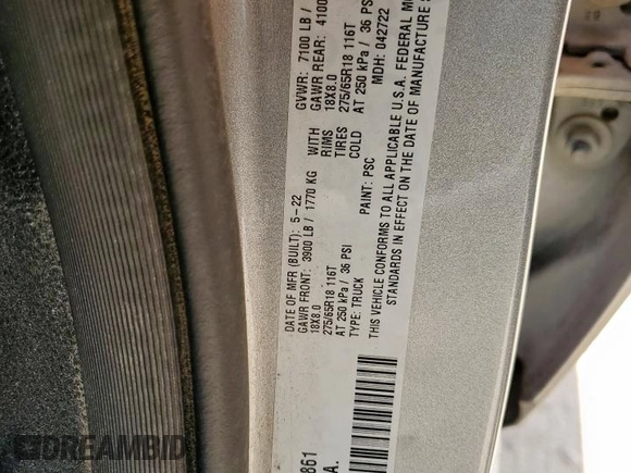 2022 Ram 1500 Big Horn with VIN 1C6SRFMT5NN324861, listed as a Copart auction lot 62969425 with 157,331 mi miles and Clean title. Bid and sale history available at DreamBid. Image 12.