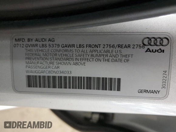 2013 Audi A6 Premium Plus with VIN WAUGGAFC8DN034033, listed as a Copart auction lot 55471895 with 136,840 mi miles and Salvage title. Bid and sale history available at DreamBid. Image 12.