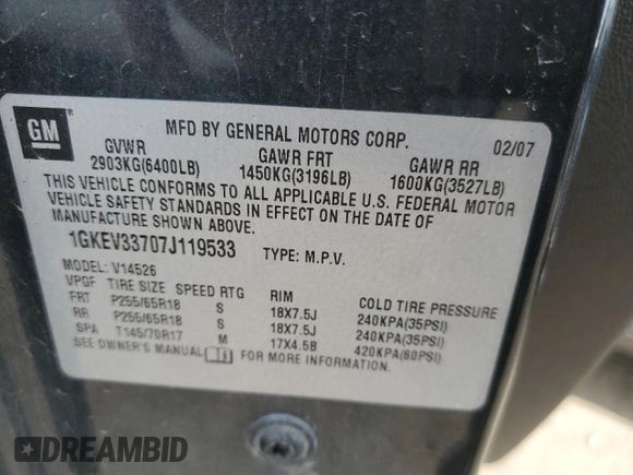 2007 GMC Acadia SLT with VIN 1GKEV33707J119533, listed as a Copart auction lot 50095005 with 184,902 mi miles and Salvage Title. Bid and sale history available at carsss.com. Image 13.