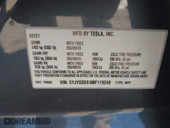 2021 Tesla Model Y Long Range with VIN 5YJYGDEE4MF119249, listed as a IAAI auction lot 41764711 with 87,796 mi miles. Bid and sale history available at carsss.com. Image 9.