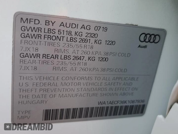 2019 Audi Q3 Premium with VIN WA1AECF36K1087936, listed as a Copart auction lot 73757564 with 65,128 mi miles and Salvage Title. Bid and sale history available at carsss.com. Image 14.