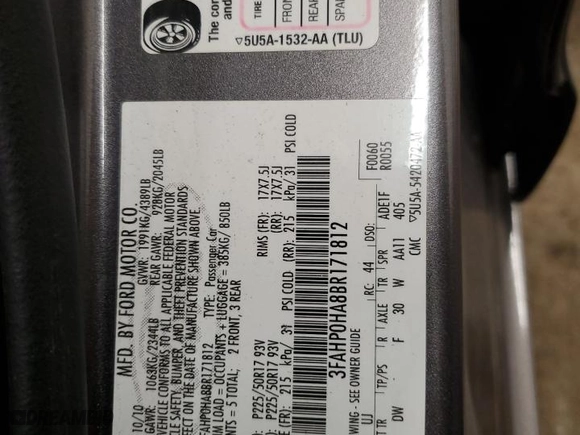 2011 Ford Fusion SE with VIN 3FAHP0HA8BR171812, listed as a Copart auction lot 42013845 with 119,285 mi miles and Salvage Title. Bid and sale history available at carsss.com. Image 12.