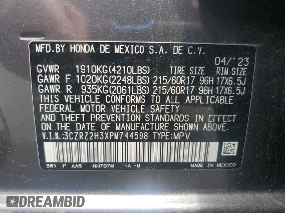 2023 Honda HR-V LX with VIN 3CZRZ2H3XPM744598, listed as a Copart auction lot 59877275 with 39,451 mi miles and Salvage title. Bid and sale history available at DreamBid. Image 13.