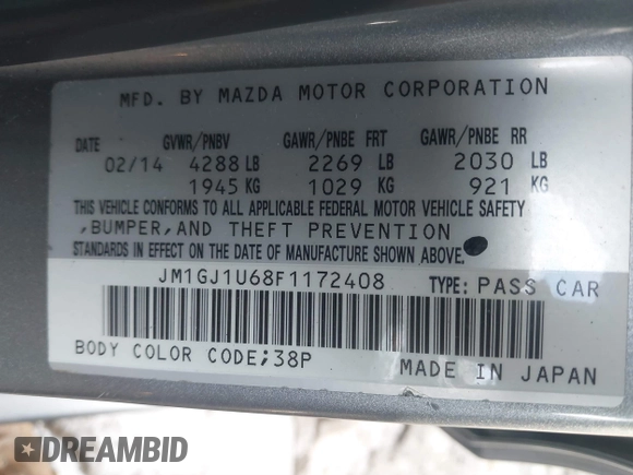 2015 Mazda 6 i Sport with VIN JM1GJ1U68F1172408, listed as a IAAI auction lot 41656486 with 161,581 mi miles. Bid and sale history available at carsss.com. Image 9.