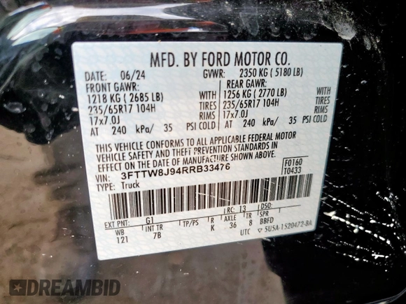 2024 Ford Maverick XLT with VIN 3FTTW8J94RRB33476, listed as a Copart auction lot 56960885 with 1,698 mi miles and Salvage title. Bid and sale history available at DreamBid. Image 12.