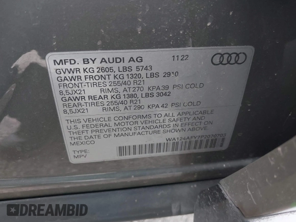 2023 Audi SQ5 Sportback Premium Plus with VIN WA124AFY7P2070703, listed as a IAAI auction lot 40912148 with 19,414 mi miles and . Bid and sale history available at DreamBid. Image 9.