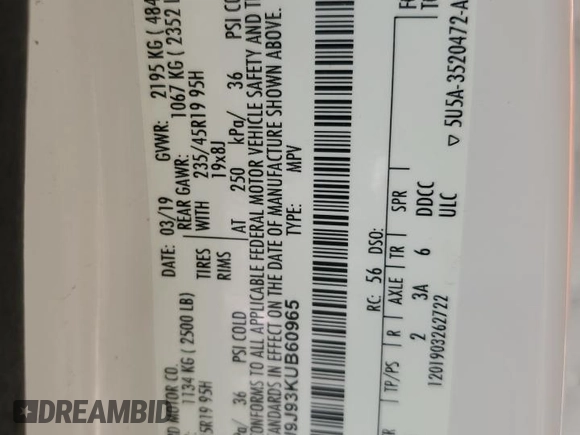 2019 Ford Escape Titanium с VIN 1FMCU9J93KUB60965, выставлен на аукционе Copart как лот 58363185 с пробегом Не указан миль и Списание • Salvage title. История ставок и продаж доступна на DreamBid. Изображение 14.