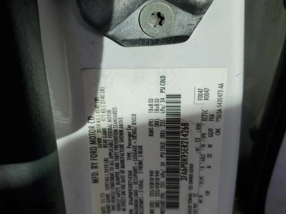2014 Ford Fusion Titanium with VIN 3FA6P0K95ER214268, listed as a Copart auction lot 47123715 with 0 mi miles and Salvage Title. Bid and sale history available at carsss.com. Image 12.
