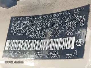 2011 Toyota Prius I z VIN JTDKN3DU5B1366459, wystawiony jako IAAI lot #42247607 z przebiegiem 150 700 mil mil oraz . Historia ofert i sprzedaży dostępna na DreamBid. Obrazek 9.