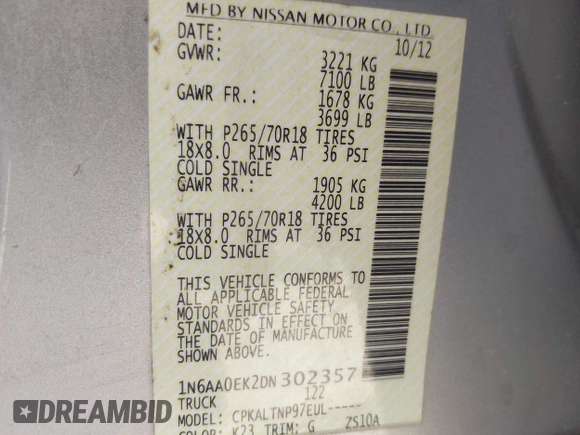 2013 Nissan Titan SV with VIN 1N6AA0EK2DN302357, listed as a IAAI auction lot 42161579 with 199,438 mi miles and . Bid and sale history available at DreamBid. Image 9.
