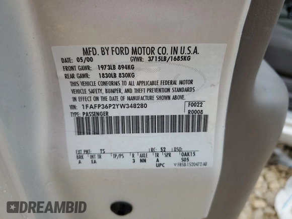 2000 Ford Focus SE with VIN 1FAFP36P2YW348280, listed as a Copart auction lot 55479335 with 53,172 mi miles and Salvage title. Bid and sale history available at DreamBid. Image 12.