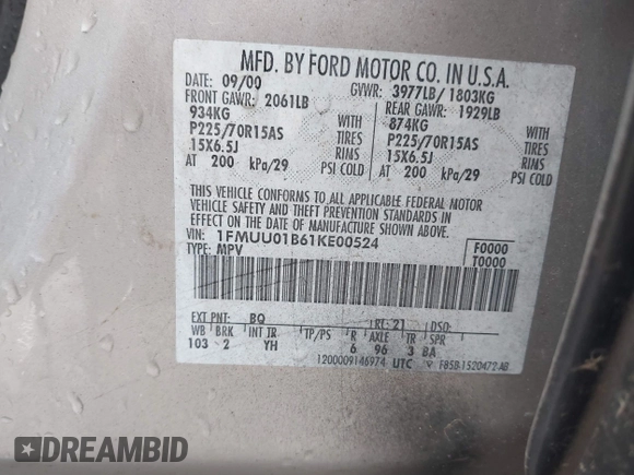 2001 Ford Escape with VIN 1FMUU01B61KE00524, listed as a IAAI auction lot 41486950 with 163,753 mi miles and . Bid and sale history available at DreamBid. Image 9.