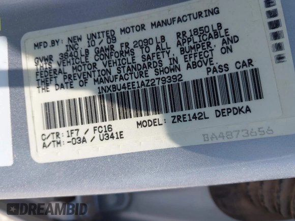 2010 Toyota Corolla with VIN 1NXBU4EE1AZ279392, listed as a IAAI auction lot 42346726 with 192,053 mi miles and . Bid and sale history available at DreamBid. Image 9.