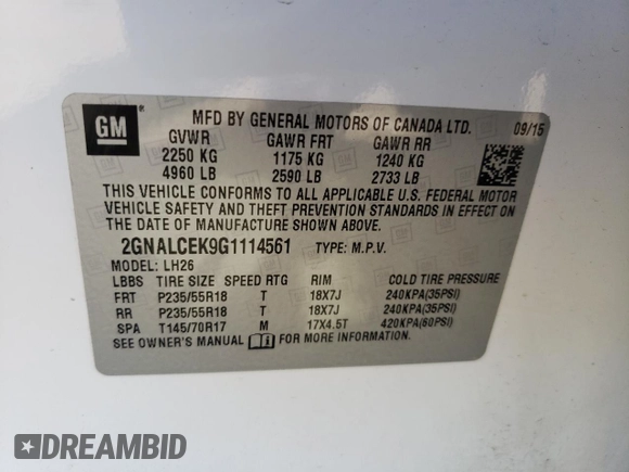 2016 Chevrolet Equinox LT with VIN 2GNALCEK9G1114561, listed as a Copart auction lot 54865205 with 119,807 mi miles and Clean Title. Bid and sale history available at carsss.com. Image 13.
