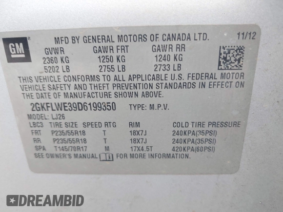2013 GMC Terrain SLT with VIN 2GKFLWE39D6199350, listed as a IAAI auction lot 42625392 with 198,285 mi miles and . Bid and sale history available at DreamBid. Image 9.