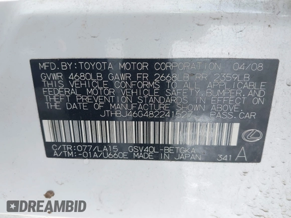 2008 Lexus ES 330 z VIN JTHBJ46G482241527, wystawiony jako IAAI lot #42264185 z przebiegiem 207 352 mil mil oraz . Historia ofert i sprzedaży dostępna na DreamBid. Obrazek 9.