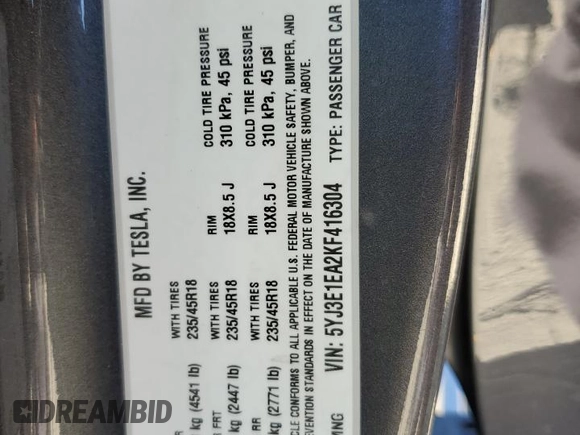 2019 Tesla Model 3 Mid Range with VIN 5YJ3E1EA2KF416304, listed as a Copart auction lot 52792845 with 140,552 mi miles and Salvage Title. Bid and sale history available at DreamBid. Image 14.