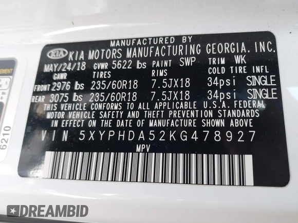2019 Kia Sorento EX with VIN 5XYPHDA52KG478927, listed as a IAAI auction lot 41822495 with 33,052 mi miles and . Bid and sale history available at DreamBid. Image 9.