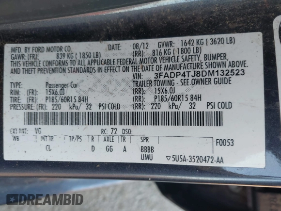 2013 Ford Fiesta S with VIN 3FADP4TJ8DM132523, listed as a IAAI auction lot 41700402 with 53,835 mi miles and . Bid and sale history available at DreamBid. Image 9.