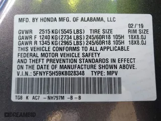 2019 Honda Pilot EX-L with VIN 5FNYF5H59KB028348, listed as a IAAI auction lot 41321950 with 94,707 mi miles. Bid and sale history available at carsss.com. Image 9.