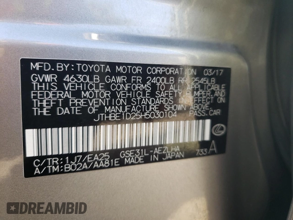 2017 Lexus IS 350 with VIN JTHBE1D25H5030104, listed as a Copart auction lot 85738494 with 101,201 mi miles and Salvage Title. Bid and sale history available at DreamBid. Image 12.
