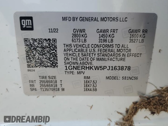 2023 Chevrolet Traverse LT Leather with VIN 1GNERHKW5PJ163878, listed as a Copart auction lot 72042604 with 28,124 mi miles and Salvage Title. Bid and sale history available at carsss.com. Image 14.