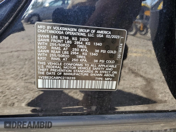 2023 Volkswagen Atlas SEL with VIN 1V2BE2CA8PC219239, listed as a Copart auction lot 45022555 with 22,770 mi miles and Salvage title. Bid and sale history available at DreamBid. Image 15.