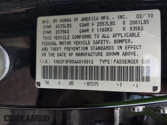 2010 Honda Accord EX-L z VIN 1HGCP3F85AA016912, wystawiony jako IAAI lot #42073686 z przebiegiem 210 144 mil mil oraz . Historia ofert i sprzedaży dostępna na DreamBid. Obrazek 9.