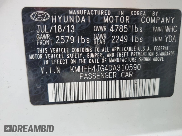 2013 Hyundai Azera z VIN KMHFH4JG4DA310590, wystawiony jako Copart lot #62472335 z przebiegiem 75 311 mil mil oraz Nie do naprawy • Non repairable. Historia ofert i sprzedaży dostępna na DreamBid. Obrazek 12.
