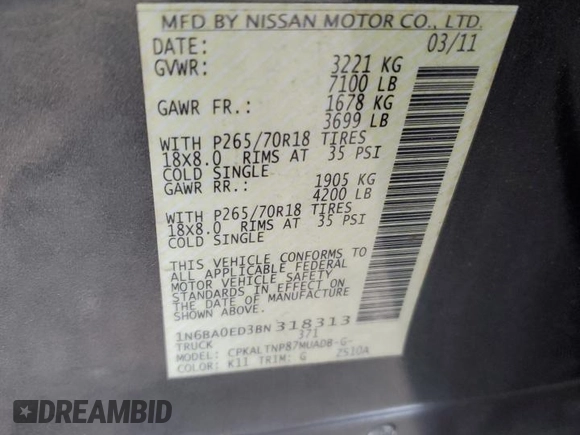 2011 Nissan Titan SV with VIN 1N6BA0ED3BN318313, listed as a Copart auction lot 86282354 with 108,785 mi miles and Non Repairable. Bid and sale history available at DreamBid. Image 12.