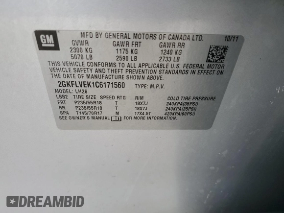 2012 GMC Terrain SLT-1 with VIN 2GKFLVEK1C6171560, listed as a Copart auction lot 47483655 with 179,869 mi miles and Non Repairable. Bid and sale history available at DreamBid. Image 15.