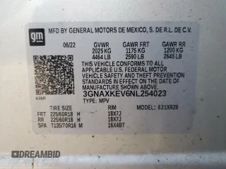 2022 Chevrolet Equinox LT with VIN 3GNAXKEV6NL254023, listed as a Copart auction lot 47065855 with 72,442 mi miles and Salvage Title. Bid and sale history available at DreamBid. Image 14.