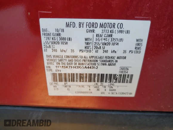 2019 Ford Explorer Limited z VIN 1FM5K7FH3KGA44392, wystawiony jako Copart lot #82798134 z przebiegiem 141 774 mil mil oraz Szkoda całkowita • Salvage title. Historia ofert i sprzedaży dostępna na DreamBid. Obrazek 16.