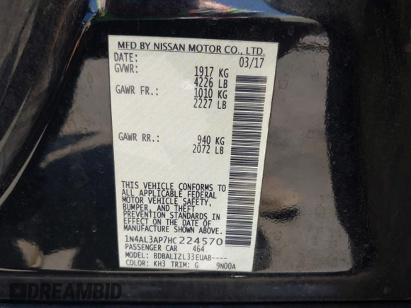 2017 Nissan Altima SV with VIN 1N4AL3AP7HC224570, listed as a IAAI auction lot 42620176 with 81,032 mi miles and . Bid and sale history available at DreamBid. Image 9.