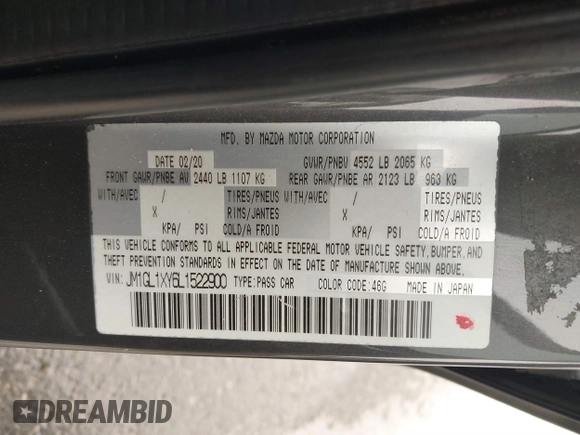 2020 Mazda 6 Signature with VIN JM1GL1XY6L1522900, listed as a IAAI auction lot 41724818 with 62,846 mi miles and . Bid and sale history available at DreamBid. Image 9.