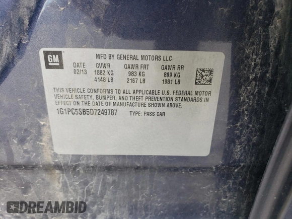 2013 Chevrolet Cruze 1LT with VIN 1G1PC5SB5D7249787, listed as a Copart auction lot 52697035 with 153,129 mi miles and Salvage Title. Bid and sale history available at carsss.com. Image 12.